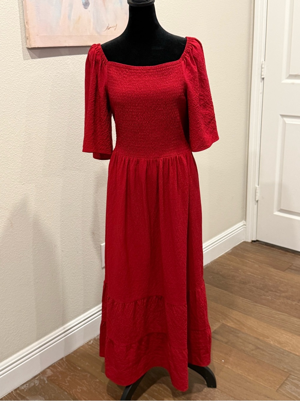 Signature Red Maxi Dress with Square Neck and Flutter Sleeves